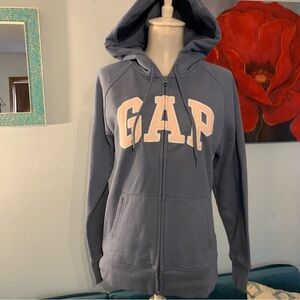 Gap Hoodie Womens Blue Fleece Lined Arch Logo Kangaroo Pocket Full Zip Size S